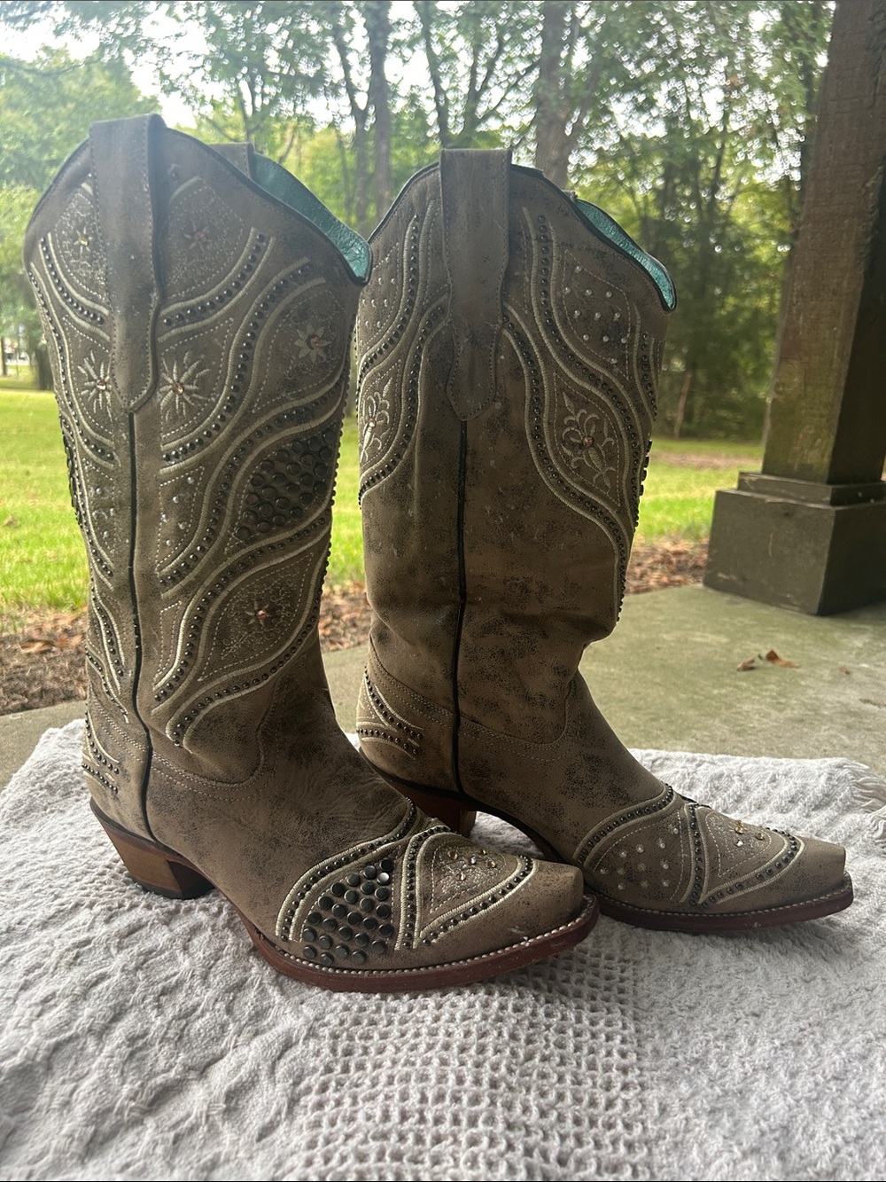 Embellished Taupe Western Heeled Boots for Women